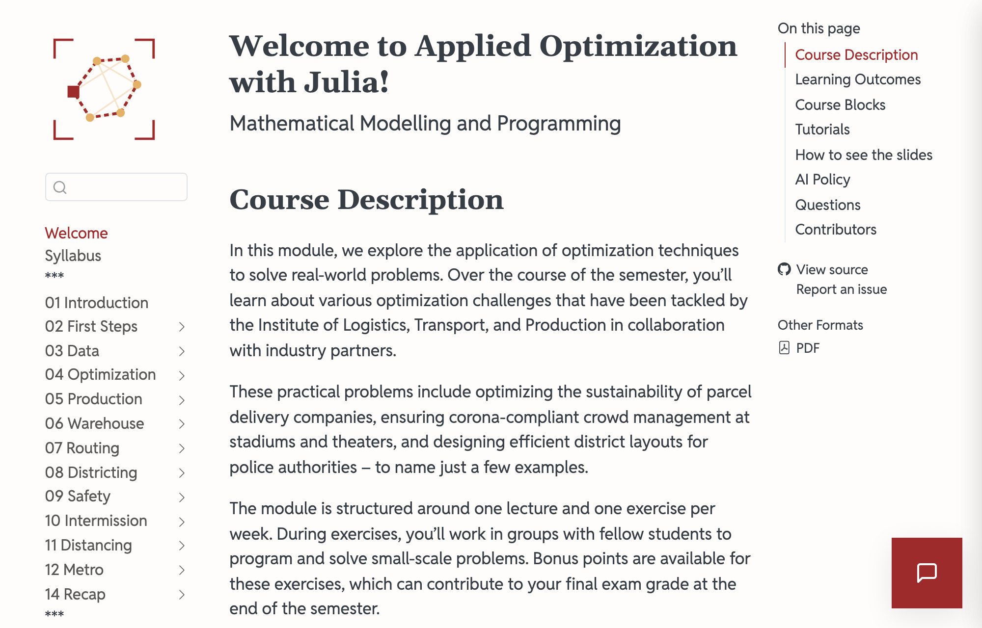 Screenshot of the welcome page of the course website; a red button with a speech bubble sits in the bottom right corner and opens the course chatbot.