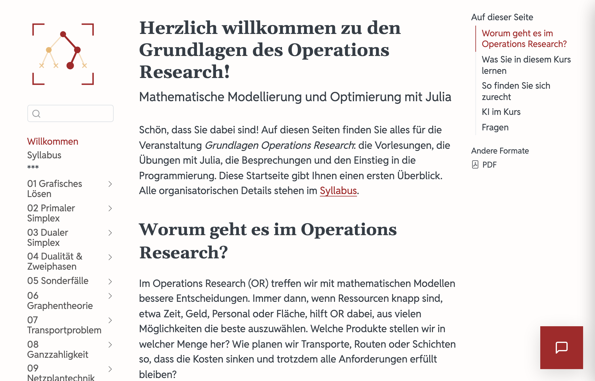 Bildschirmfoto der Startseite der Kurs-Website; unten rechts sitzt eine rote Schaltfläche mit Sprechblase, über die sich der Kurs-Chatbot öffnet.